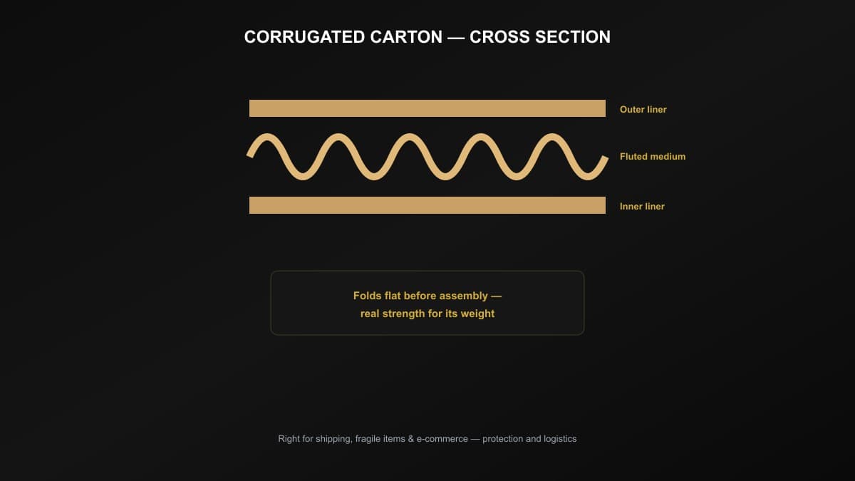 Corrugated carton cross-section showing the fluted inner layer sandwiched between liner sheets