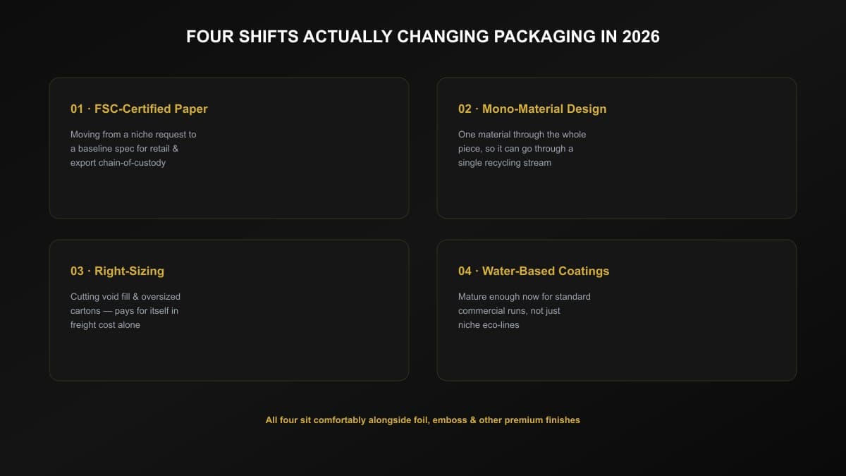 Four shifts actually changing UAE packaging in 2026: FSC-certified paper becoming a baseline spec, mono-material design for single-stream recycling, right-sizing cartons to cut freight cost, and water-based coatings maturing for standard commercial runs